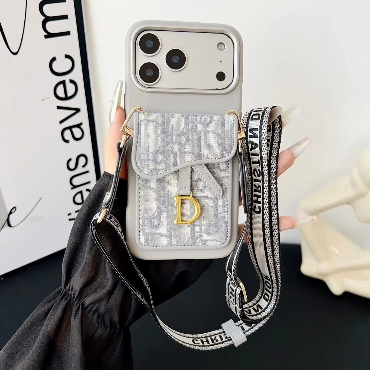 Dior iPhone 17 Pro Max Case with Wallet & 3 Straps – Gray Luxury Crossbody Dior Phone Case