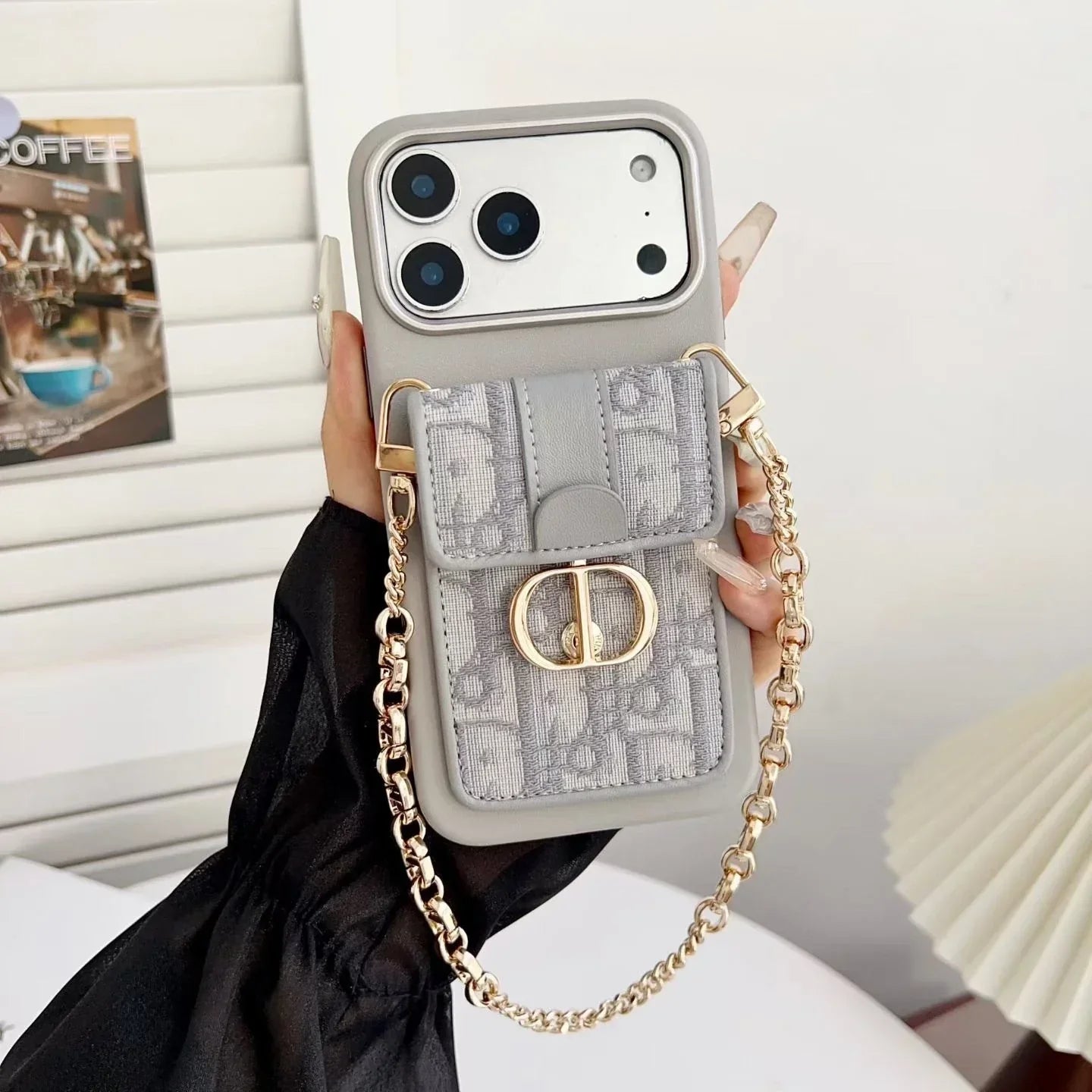 Dior iPhone 17 Pro Max Case with Wallet & 3 Straps – Black Luxury Crossbody Dior Phone Case