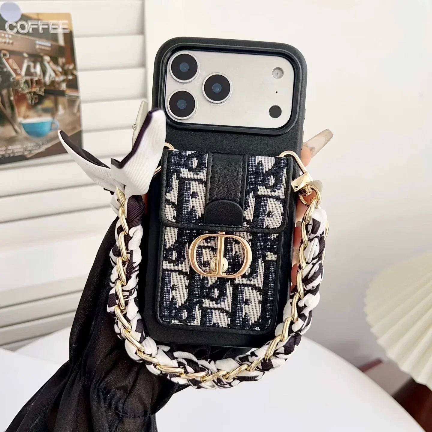Dior iPhone 17 Pro Max Case with Wallet & 3 Straps – Black Luxury Crossbody Dior Phone Case