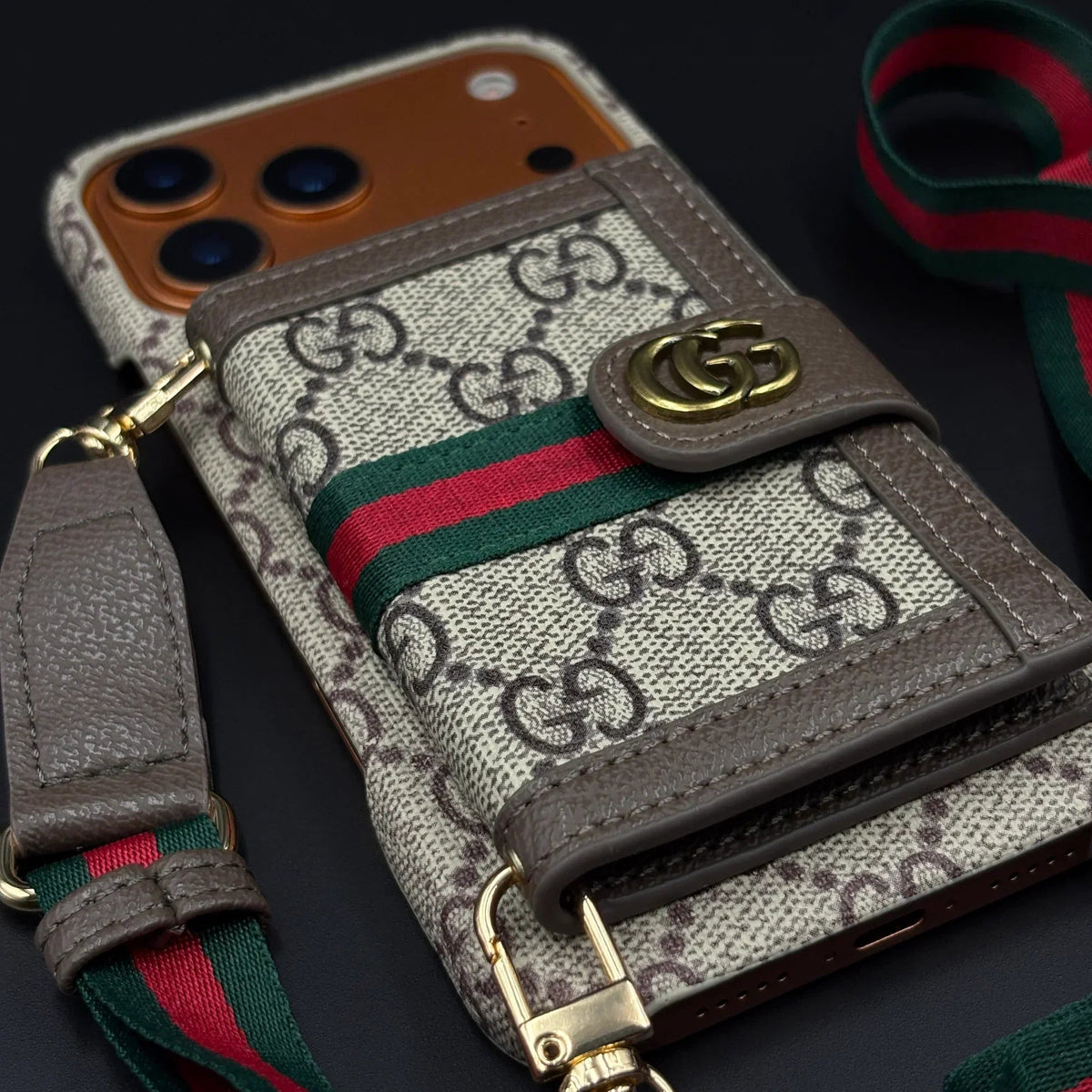 GG Monogram Gucci iPhone 18 Pro Case with Card Holder & Detachable Strap – Luxury Gucci Phone Case - Serene
