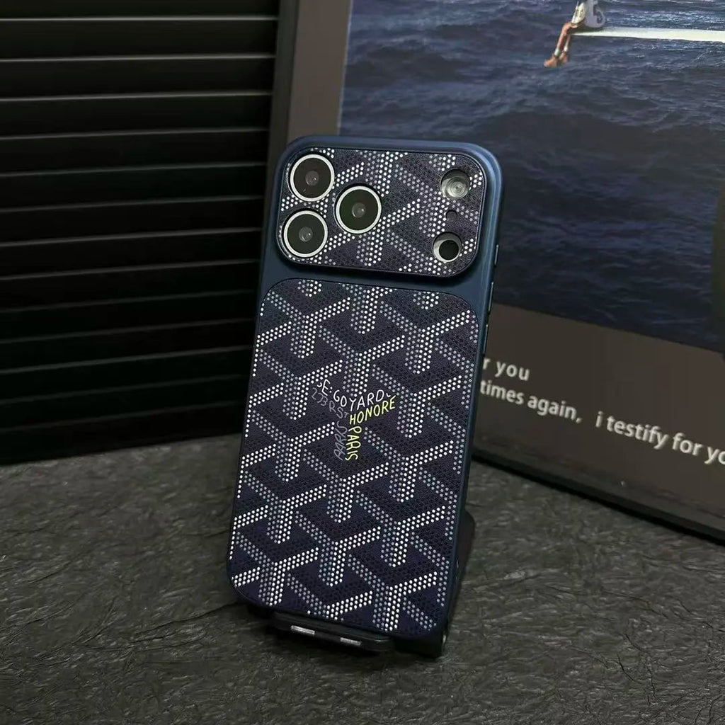 Goyard iPhone 18 Pro Leather Case – Vintage Monogram Luxury Cover Silver - Serene