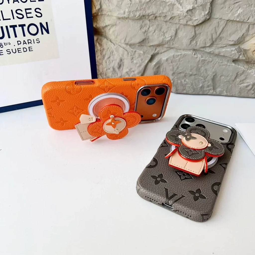 Louis Vuitton iPhone 18 Pro Max Case MagSafe Leather with Flower Grip – Orange