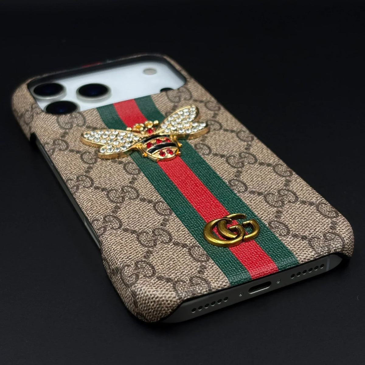 Gucci Ophidia iPhone 18 Pro Case with Web Stripe & Bee – Luxury GG Supreme Phone Case