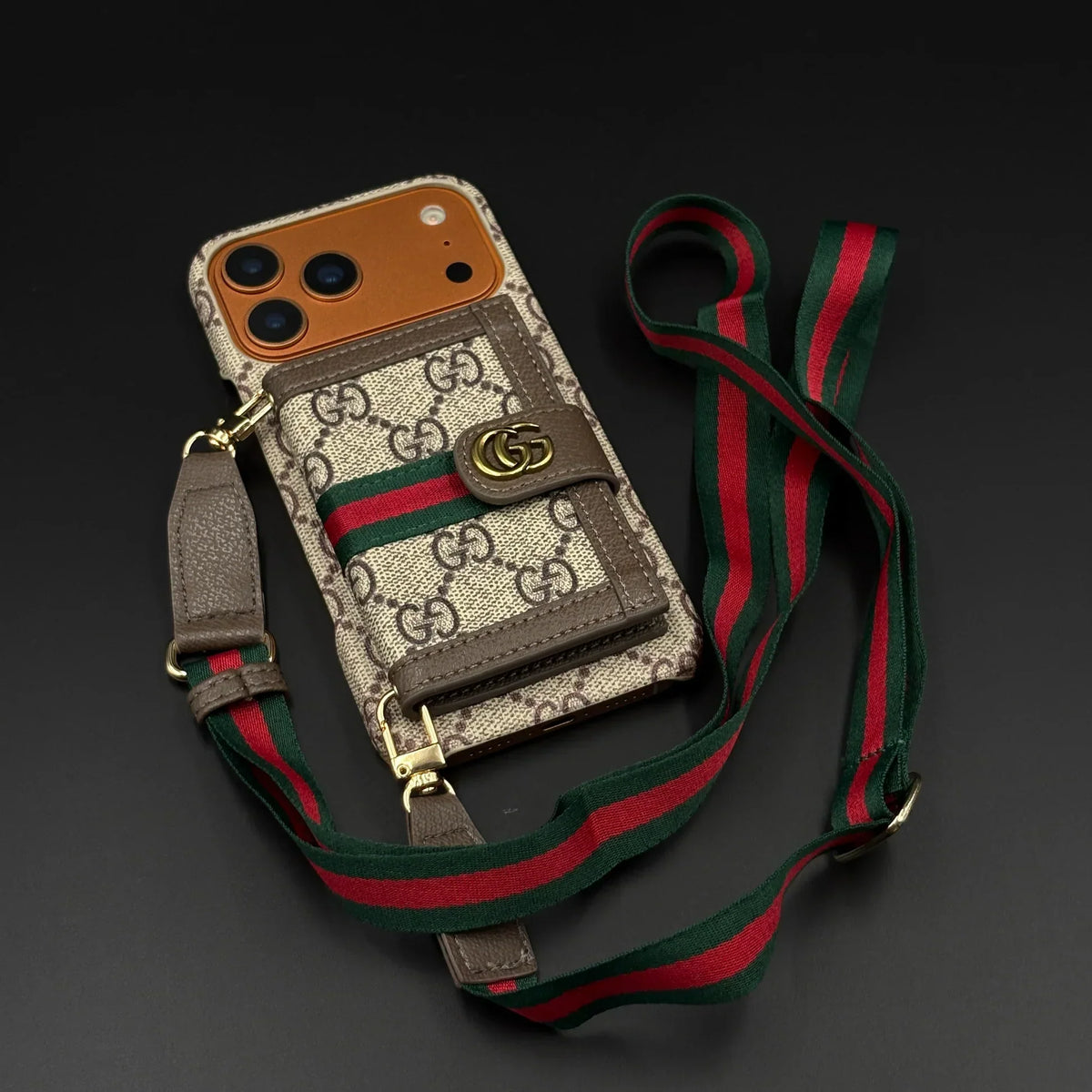 GG Monogram Gucci iPhone 18 Pro Case with Card Holder & Detachable Strap – Luxury Gucci Phone Case