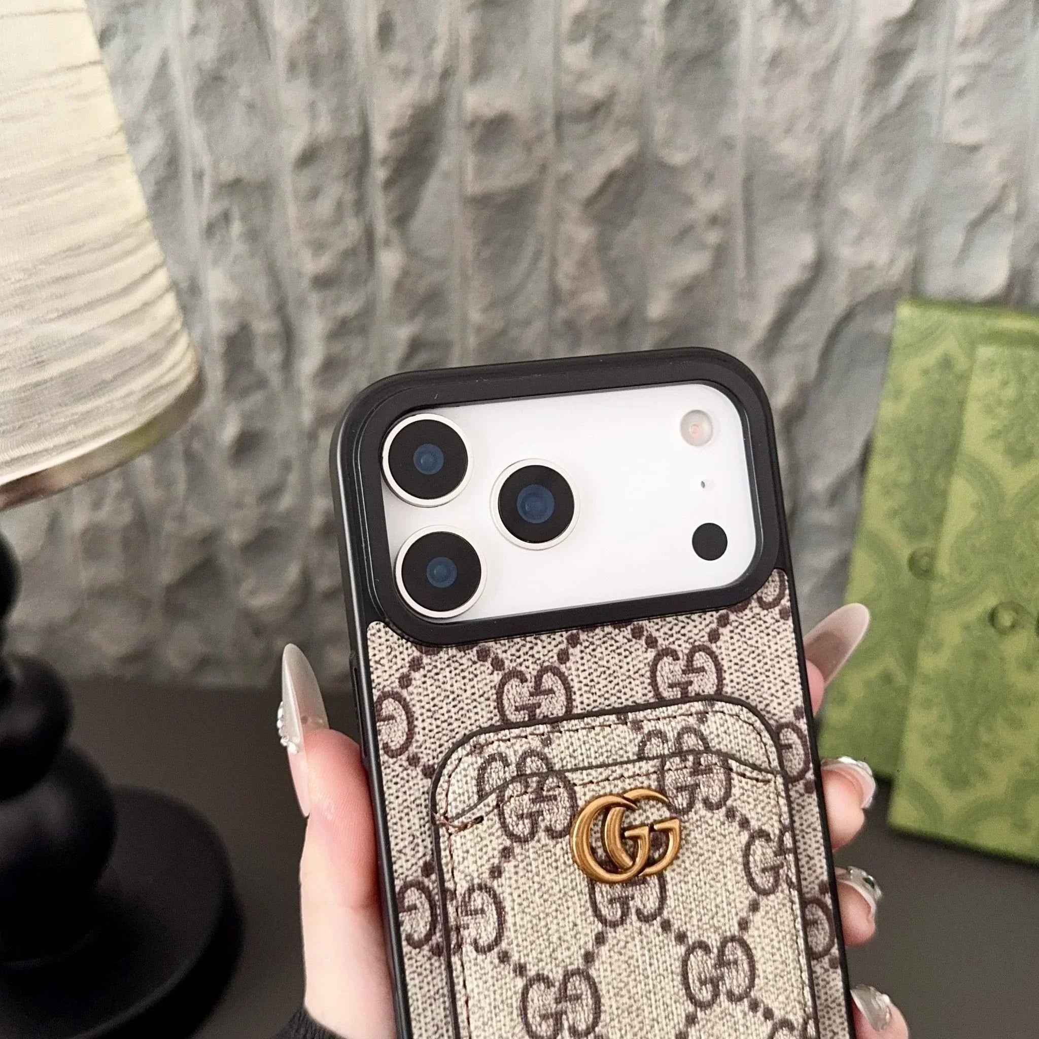 Gucci iPhone 17 Pro / Pro Max Case with Cardholder – Black GG Canvas Luxury Wallet Case
