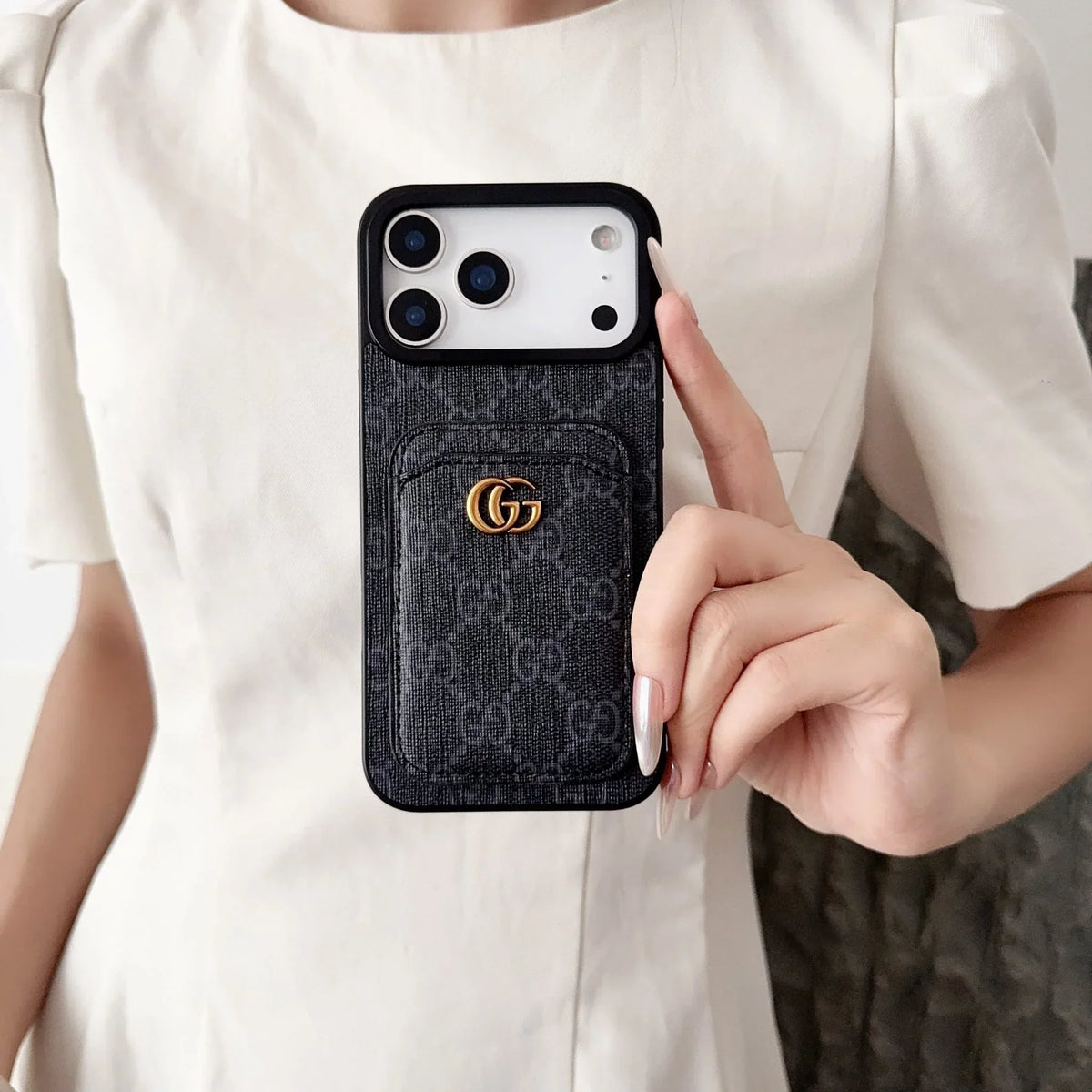 Gucci iPhone 18 Pro Case with Cardholder – Black GG Canvas Luxury Wallet Case