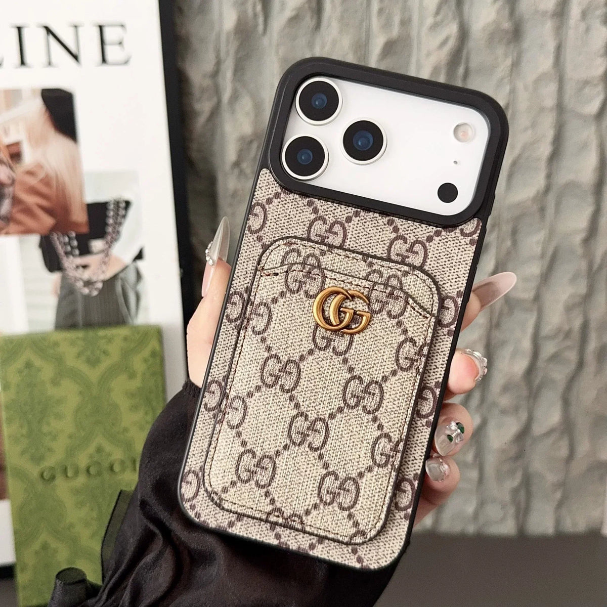 Gucci iPhone 18 Pro Case with Cardholder – GG Canvas Luxury Wallet Case
