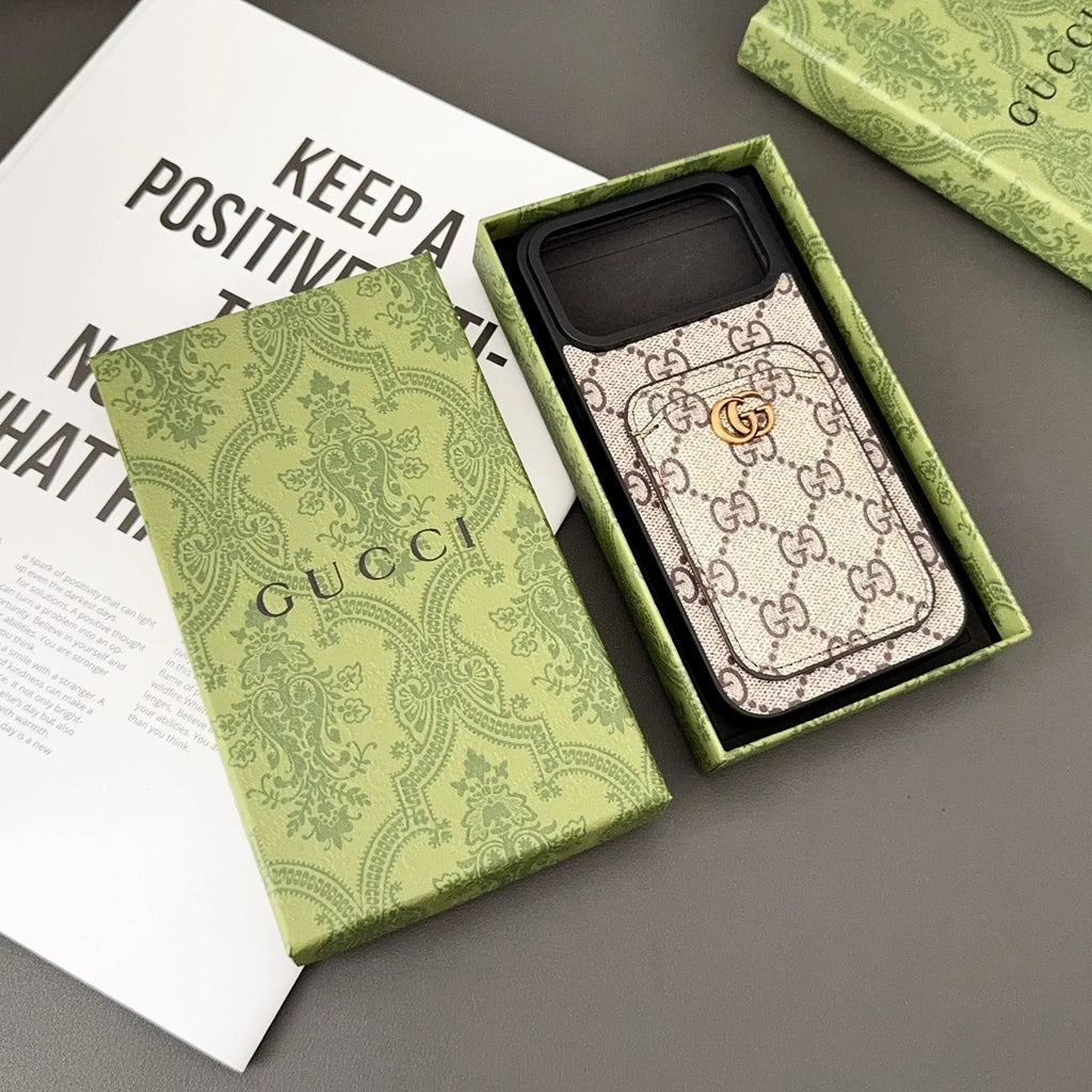 Gucci iPhone 17 Pro / Pro Max Case with Cardholder – Black GG Canvas Luxury Wallet Case