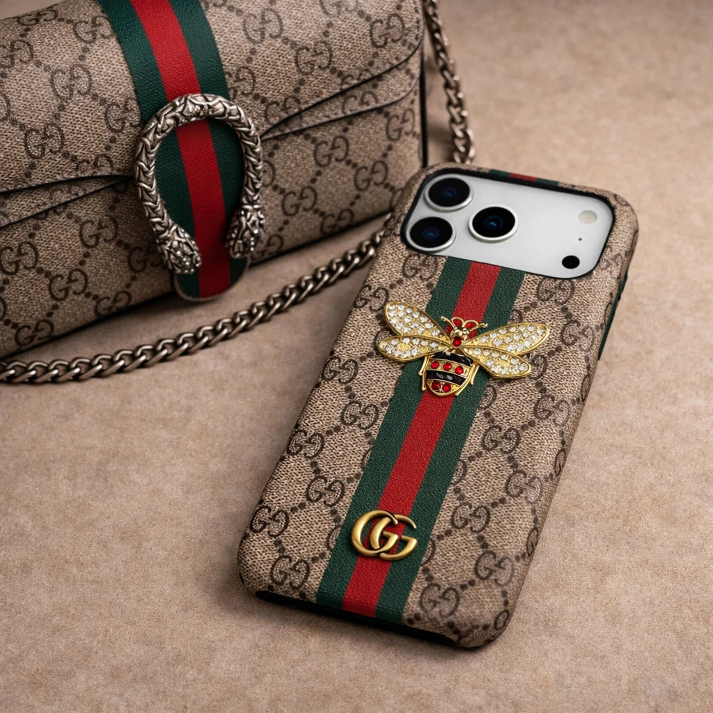 Gucci Ophidia iPhone 18 Pro Case with Web Stripe & Bee – Luxury GG Supreme Phone Case