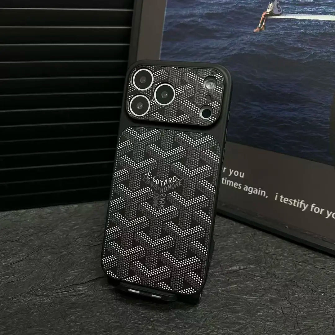Goyard iPhone 18 Pro Leather Case – Vintage Monogram Luxury Cover Silver