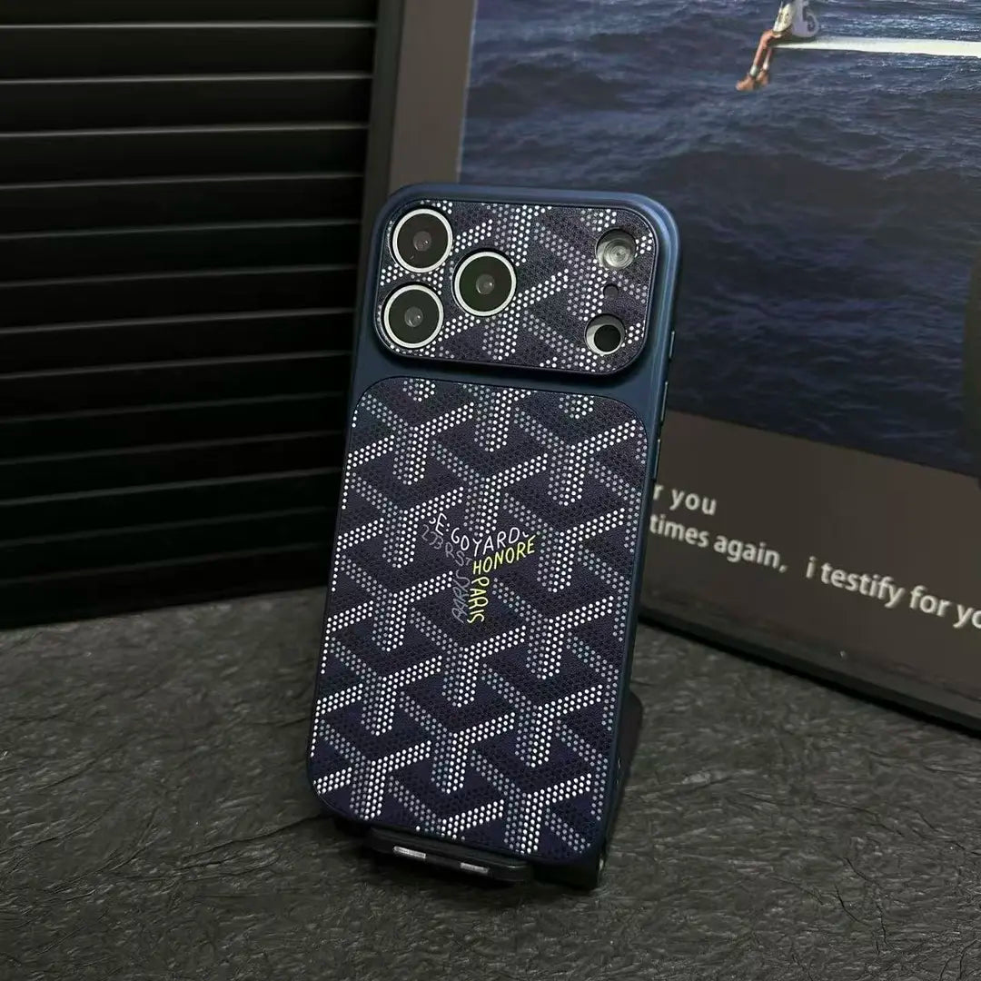 Goyard iPhone 18 Pro Leather Case – Vintage Monogram Luxury Cover Silver