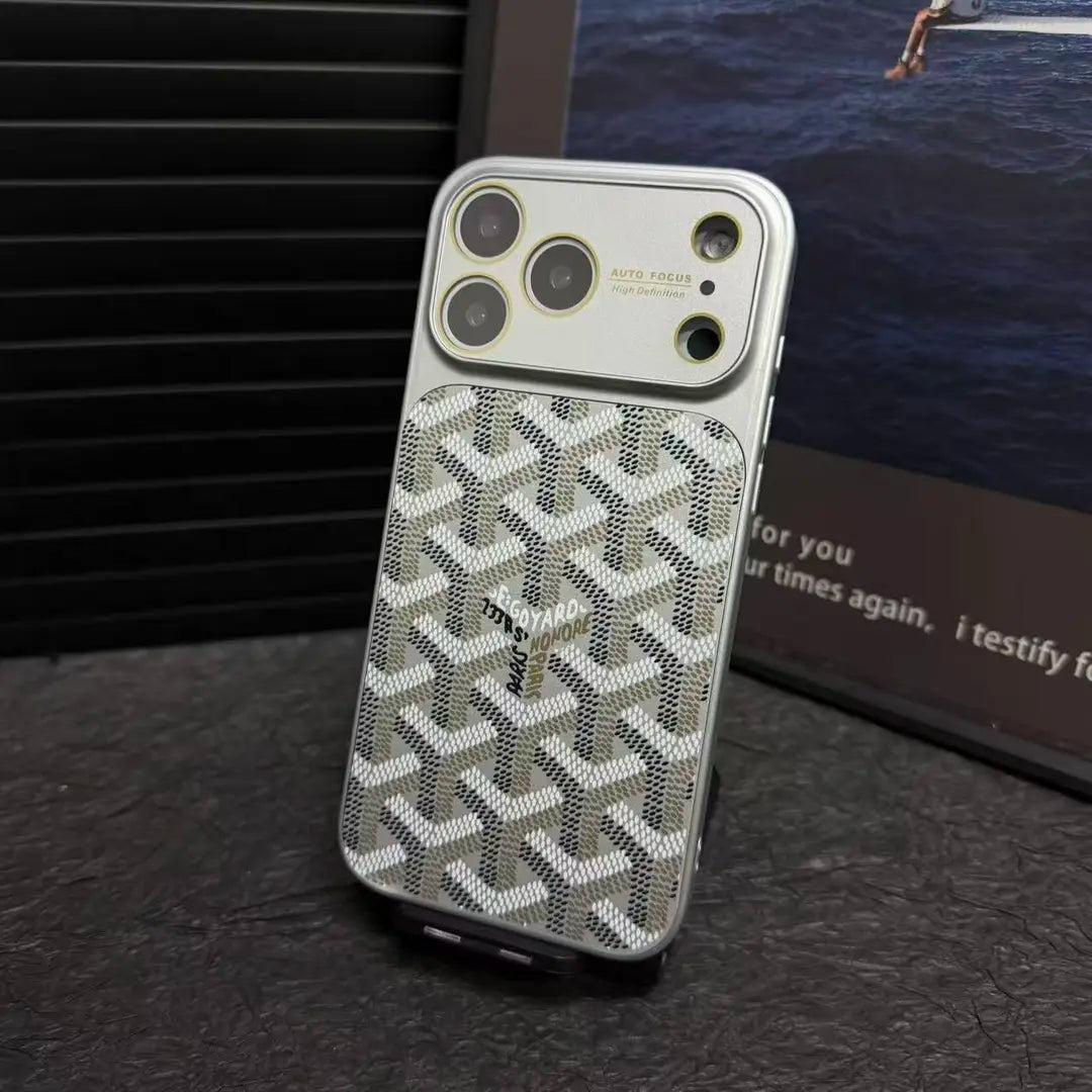 Goyard iPhone 18 Pro Leather Case – Vintage Monogram Luxury Cover Silver