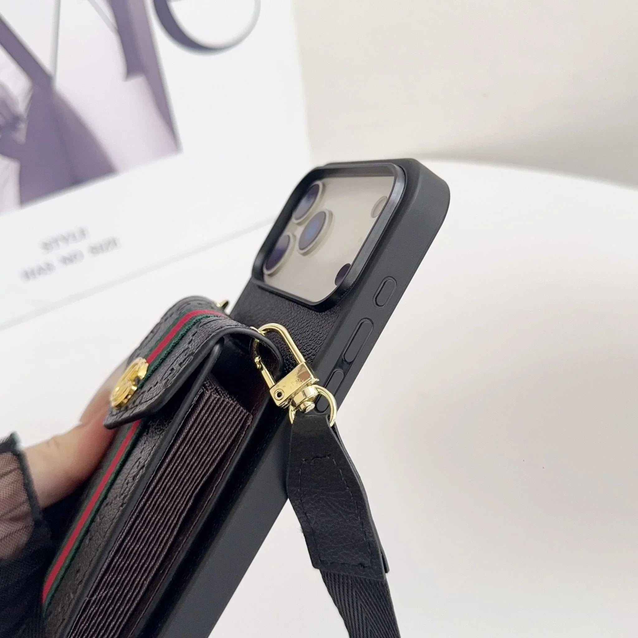 Gucci iPhone 17 Pro Max Case with Card Holder & Strap – GG Leather Wallet