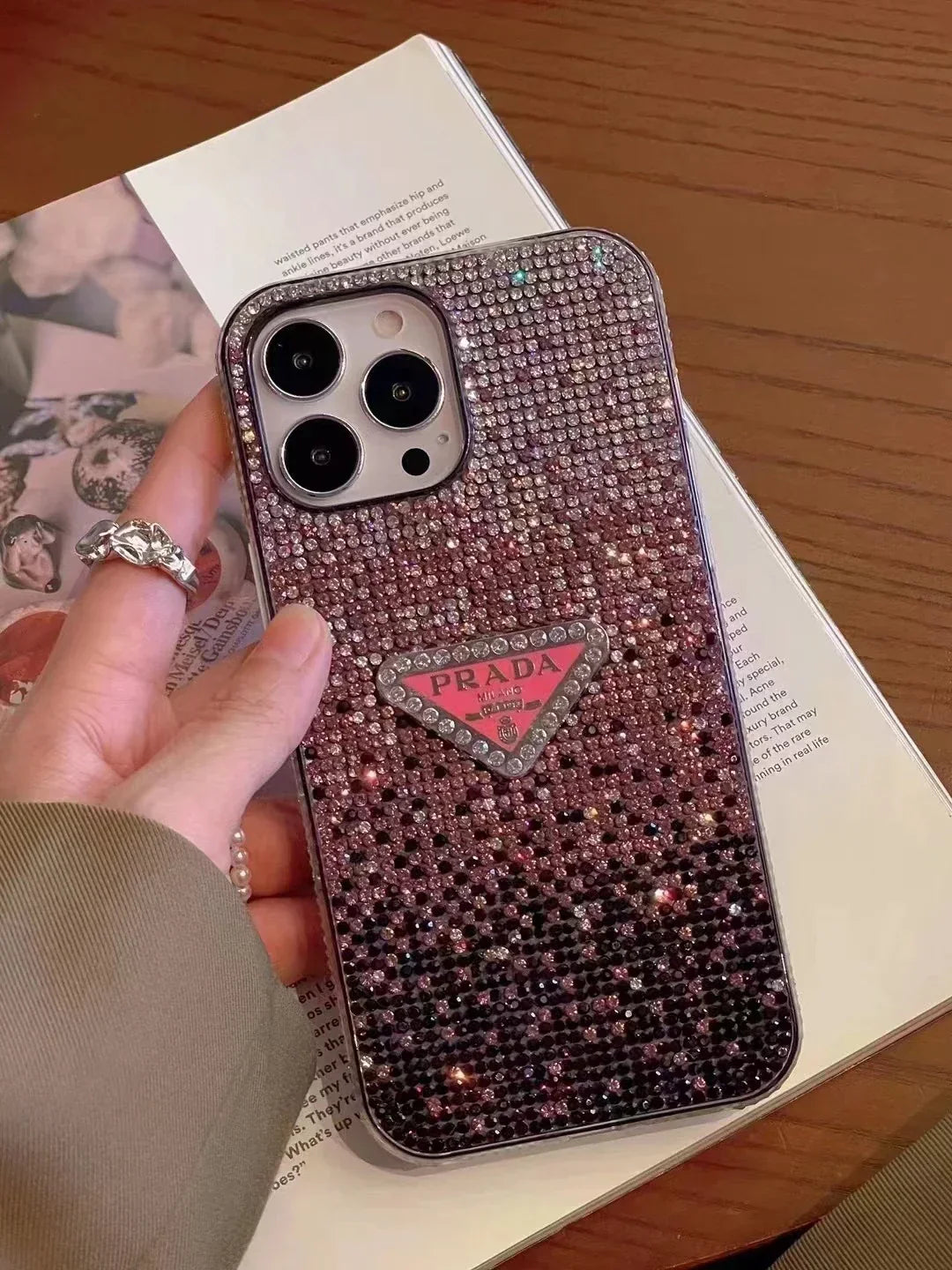 Crystal Prada iPhone 18 Pro Case – Luxury Rhinestone Prada Phone Case Blue