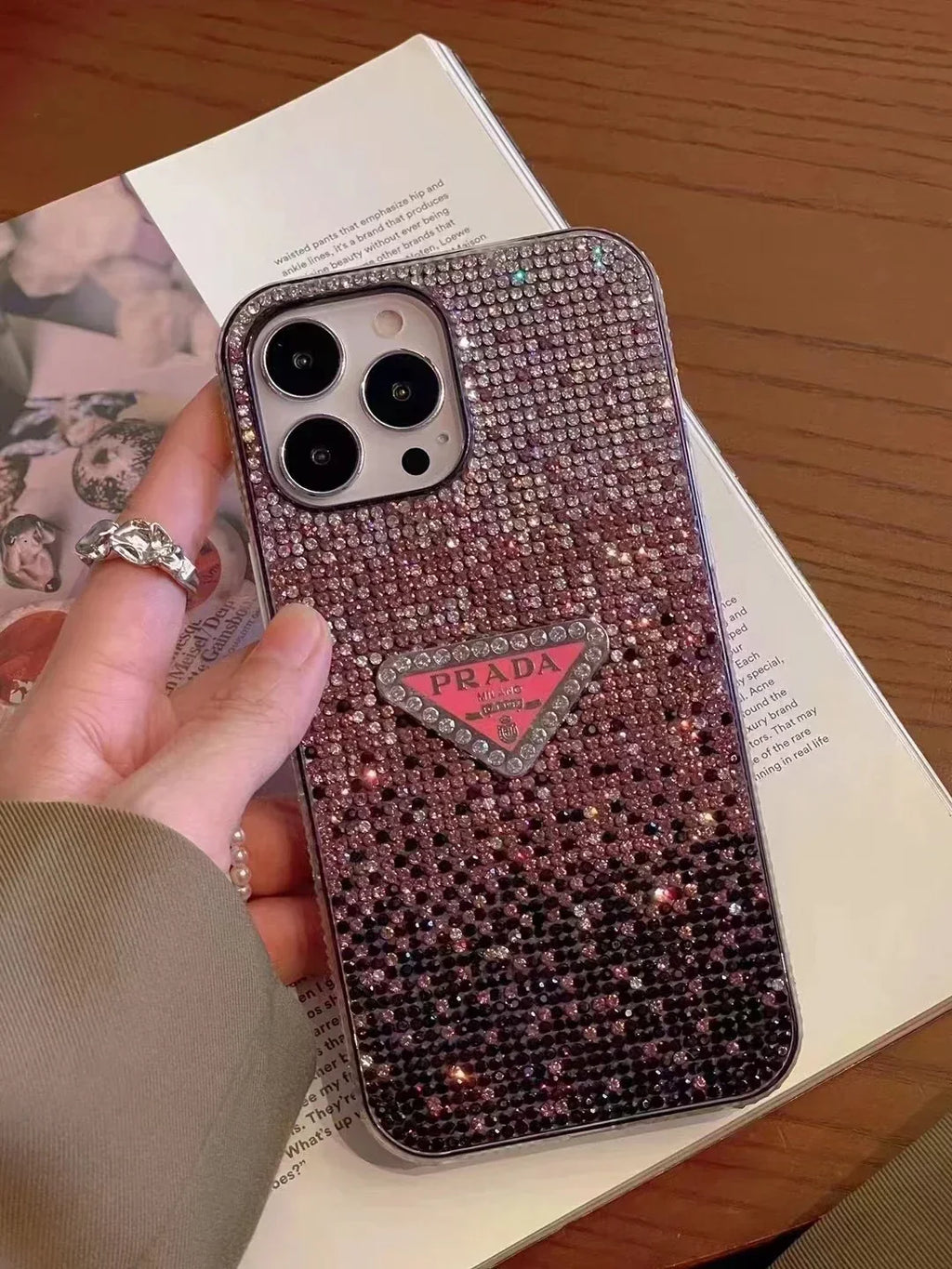 Crystal Prada iPhone 18 Pro Case – Luxury Rhinestone Prada Phone Case Pink