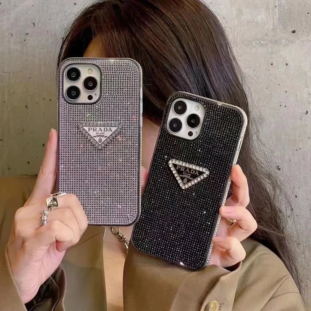 Crystal Prada iPhone 18 Pro Case – Luxury Rhinestone Prada Phone Case Blue