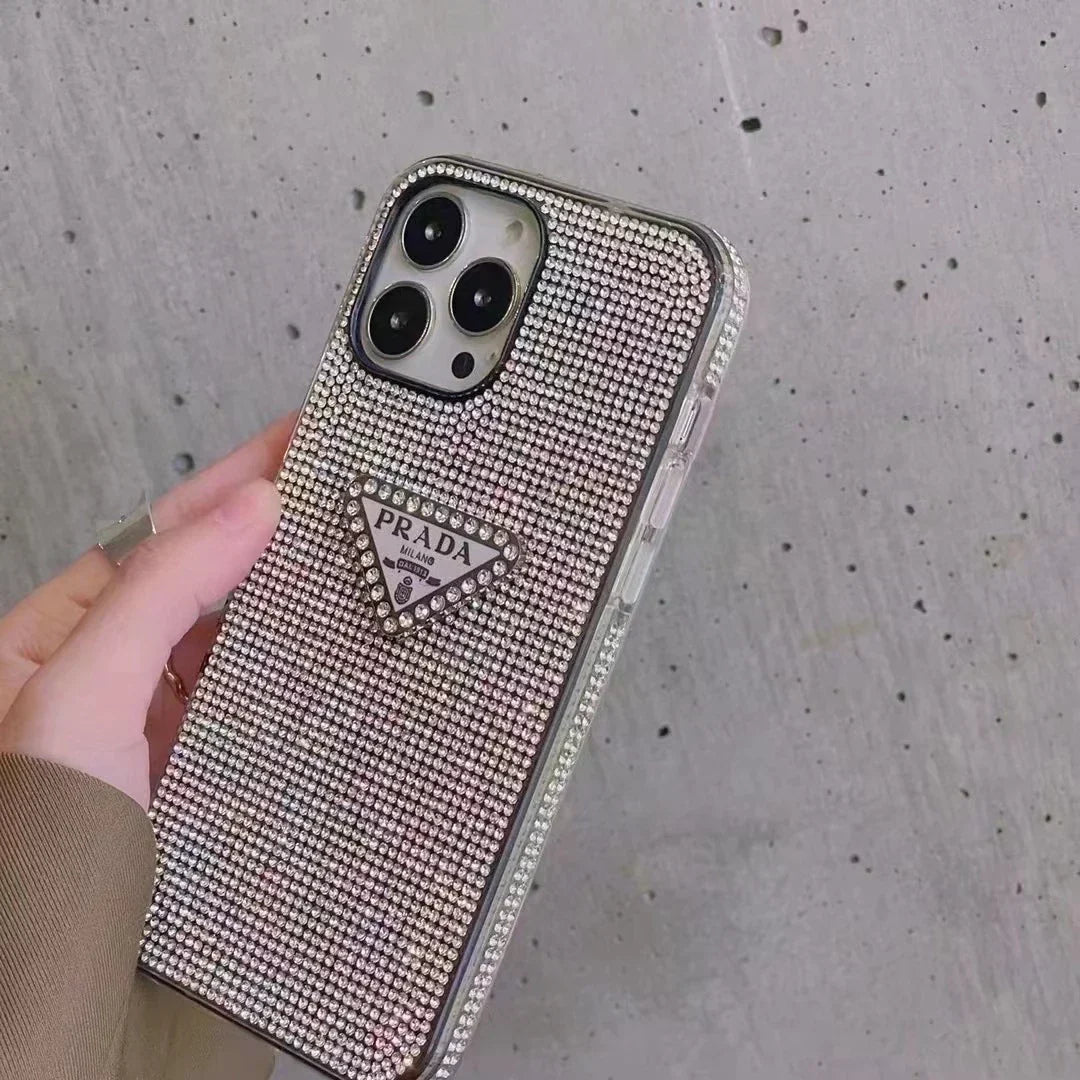 Crystal Prada iPhone 18 Pro Case – Luxury Rhinestone Prada Phone Case Blue