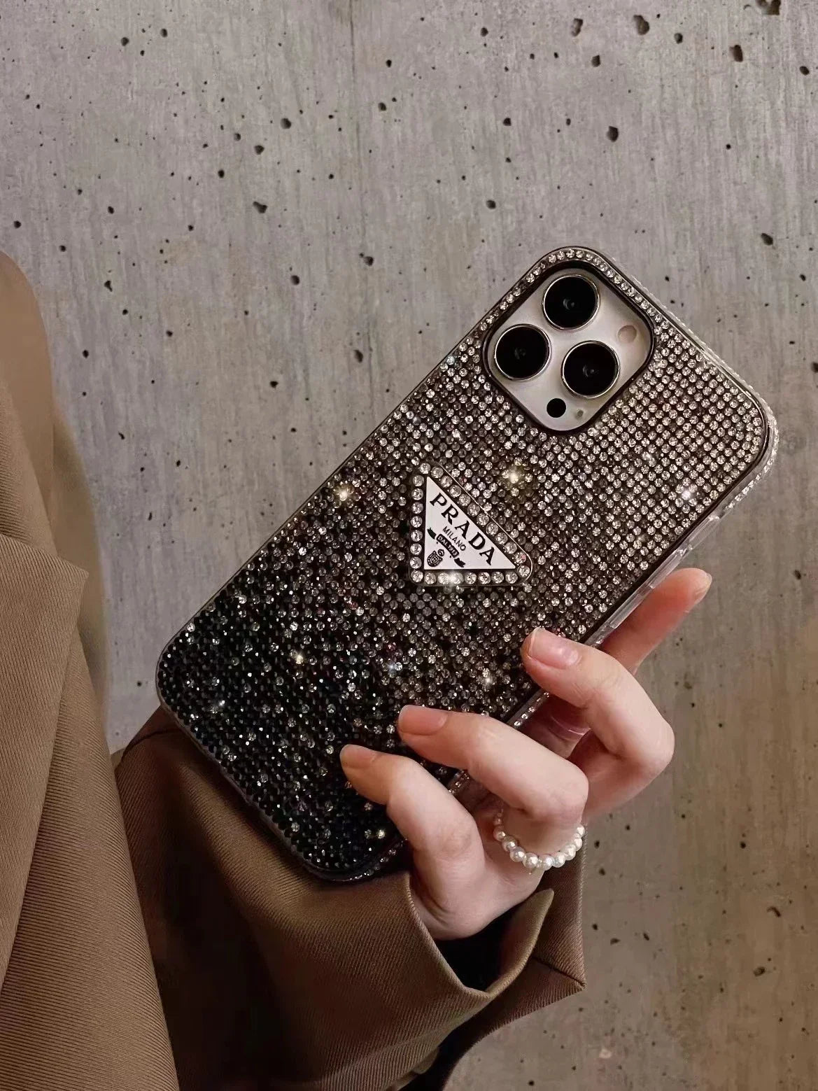 Crystal Prada iPhone 18 Pro Case – Luxury Rhinestone Prada Phone Case Black