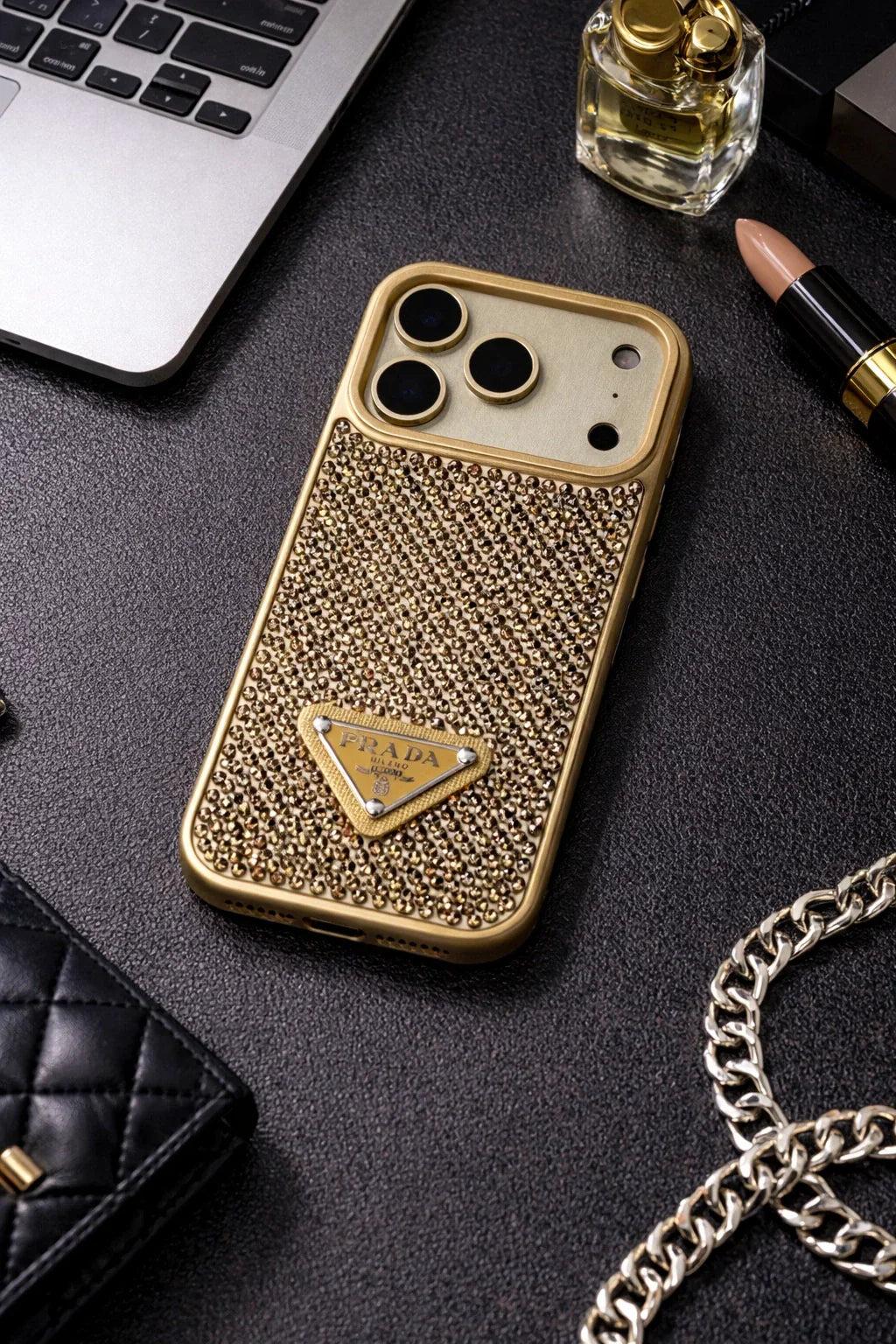 Crystal Gray Prada iPhone 18 Pro Case – Quilted Luxury Rhinestone Designer-Style Cover