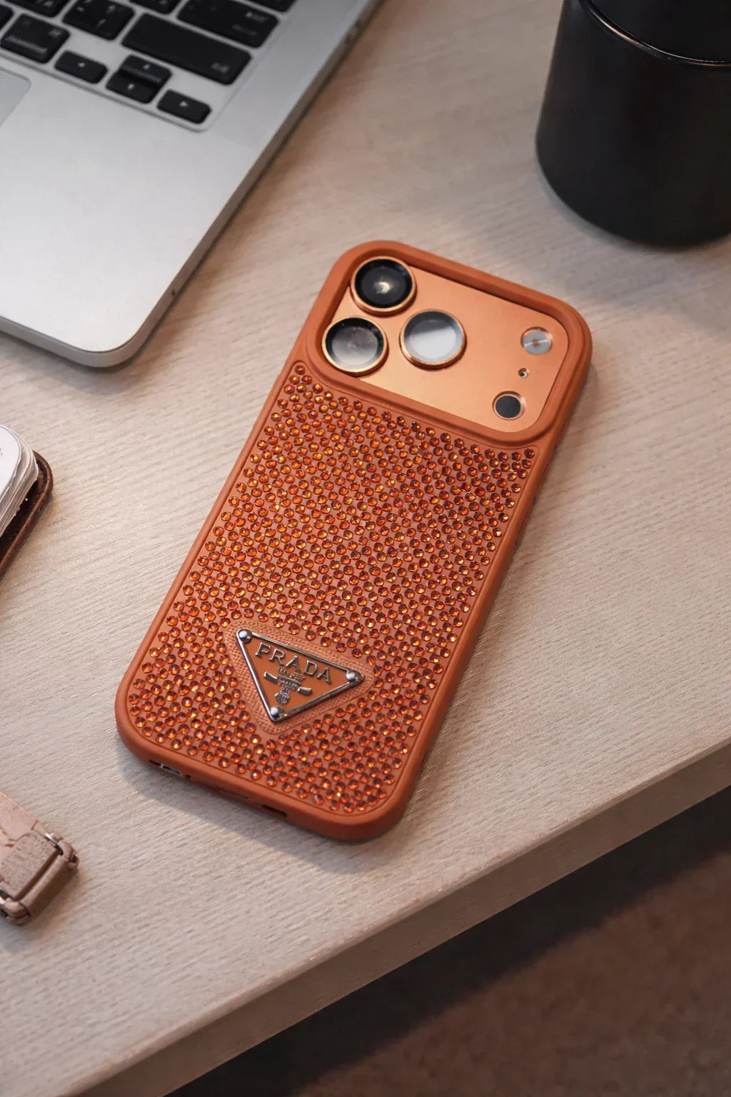 Crystal Orange iPhone 18 Pro Case – Quilted Luxury Rhinestone Designer-Style Cover