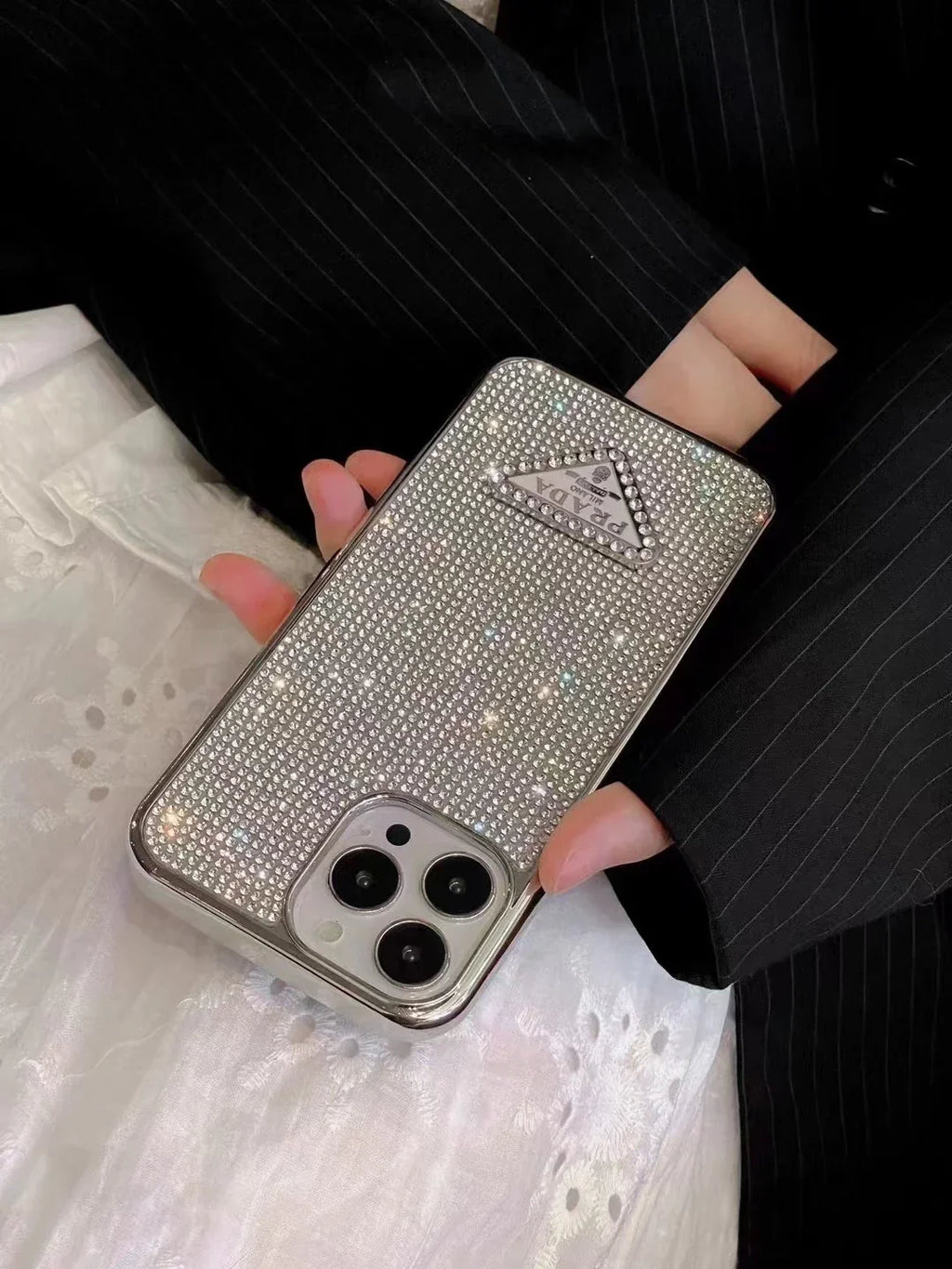 Crystal Prada iPhone 18 Pro Case – Luxury Rhinestone Prada Phone Case Black