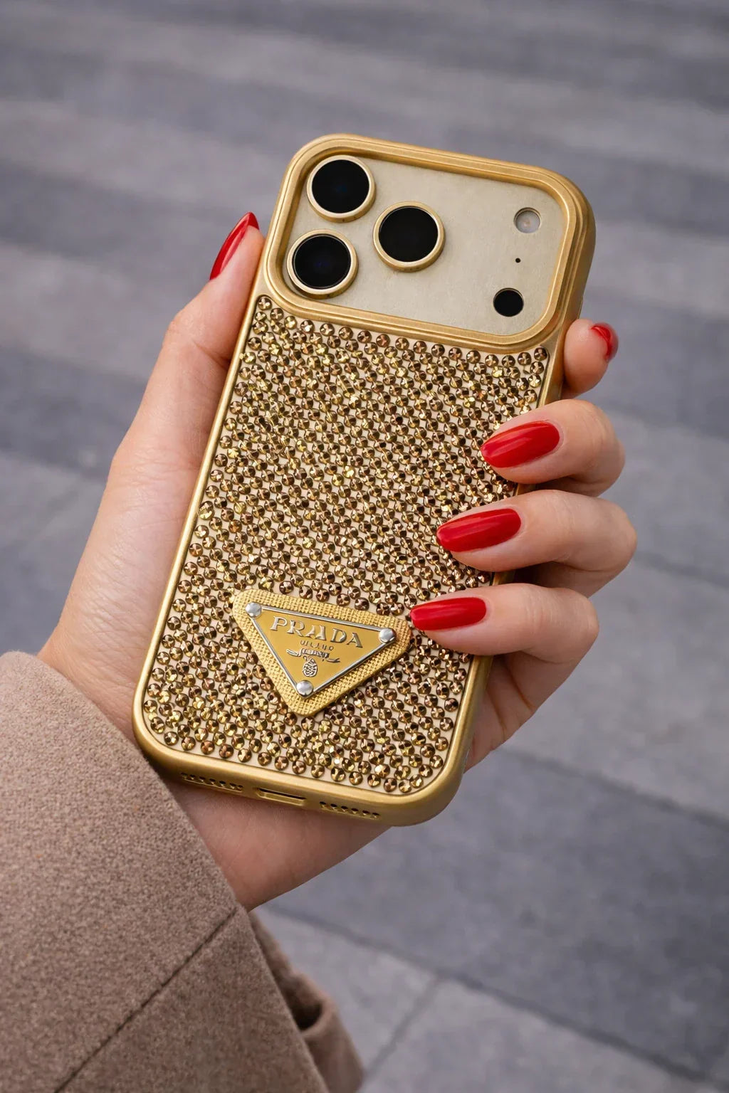 Crystal Gray Prada iPhone 18 Pro Max Case – Quilted Luxury Rhinestone Designer-Style Cover