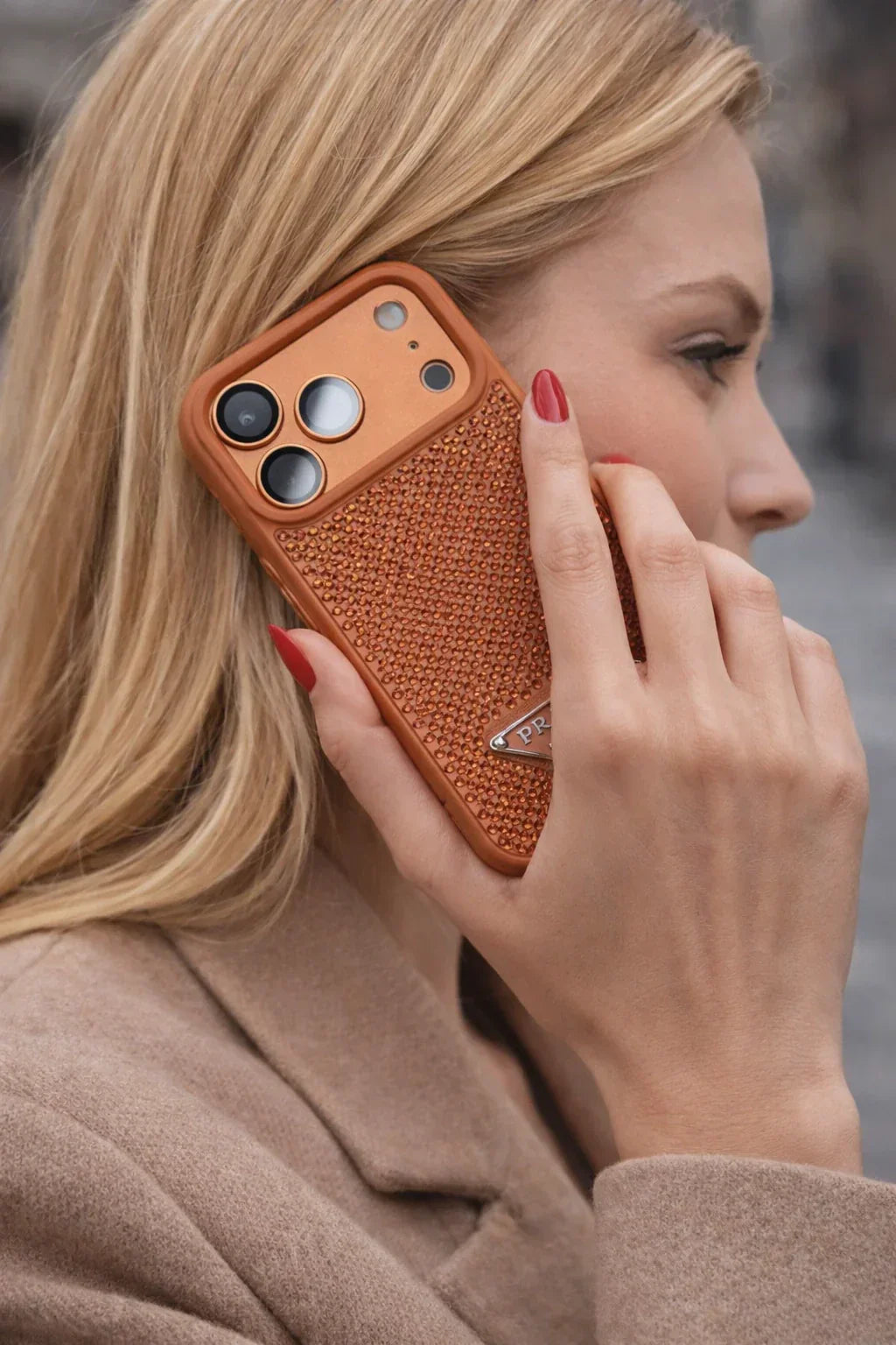 Crystal Orange iPhone 18 Pro Case – Quilted Luxury Rhinestone Designer-Style Cover