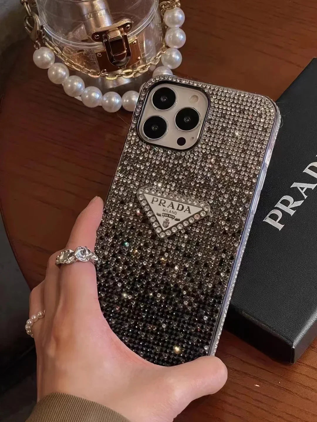 Crystal Prada iPhone 18 Pro Case – Luxury Rhinestone Prada Phone Case
