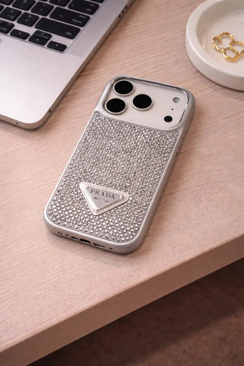 Crystal Gray Prada iPhone 18 Pro Case – Quilted Luxury Rhinestone Designer-Style Cover