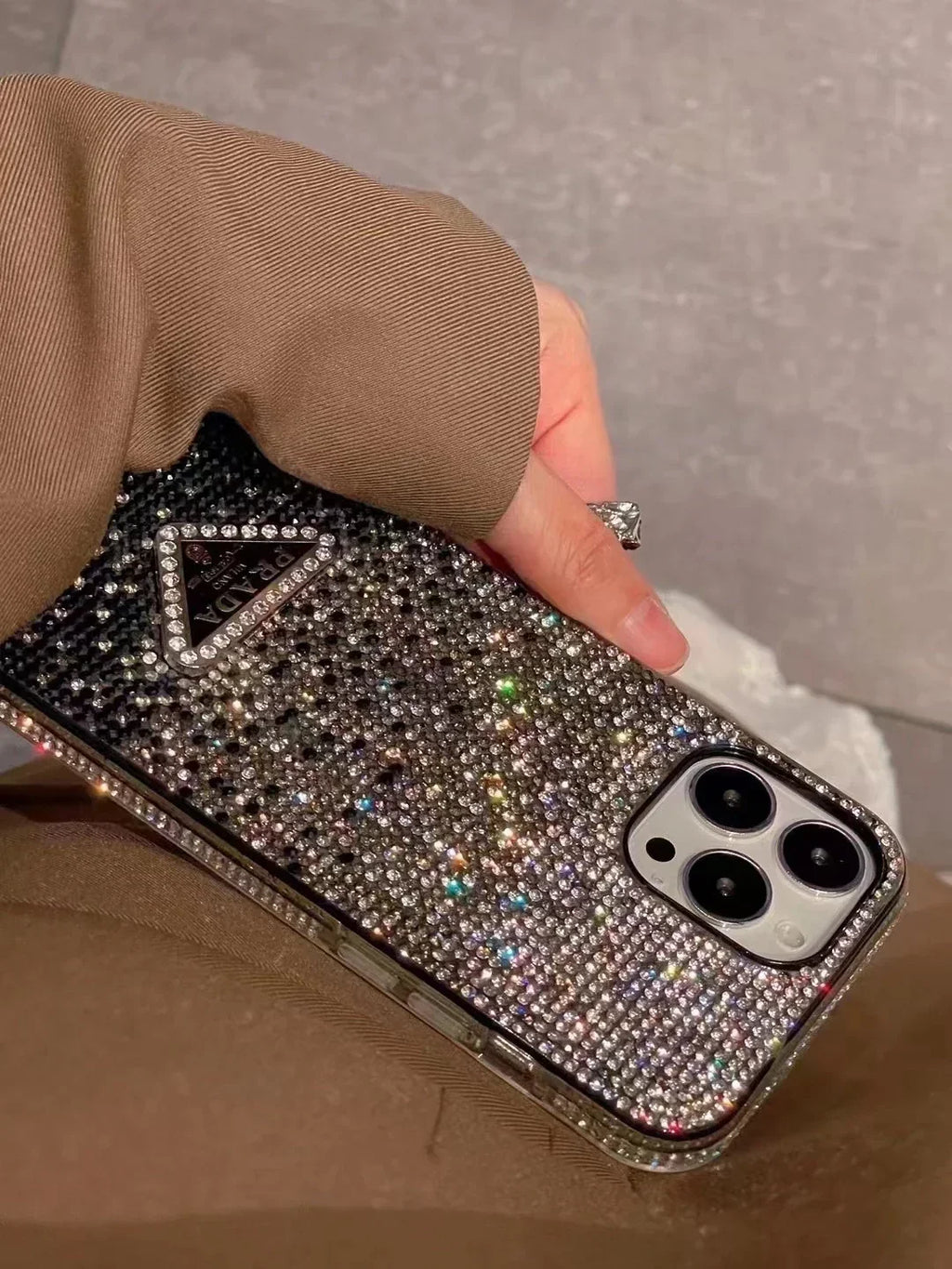 Crystal Prada iPhone 18 Pro Case – Luxury Rhinestone Prada Phone Case Blue
