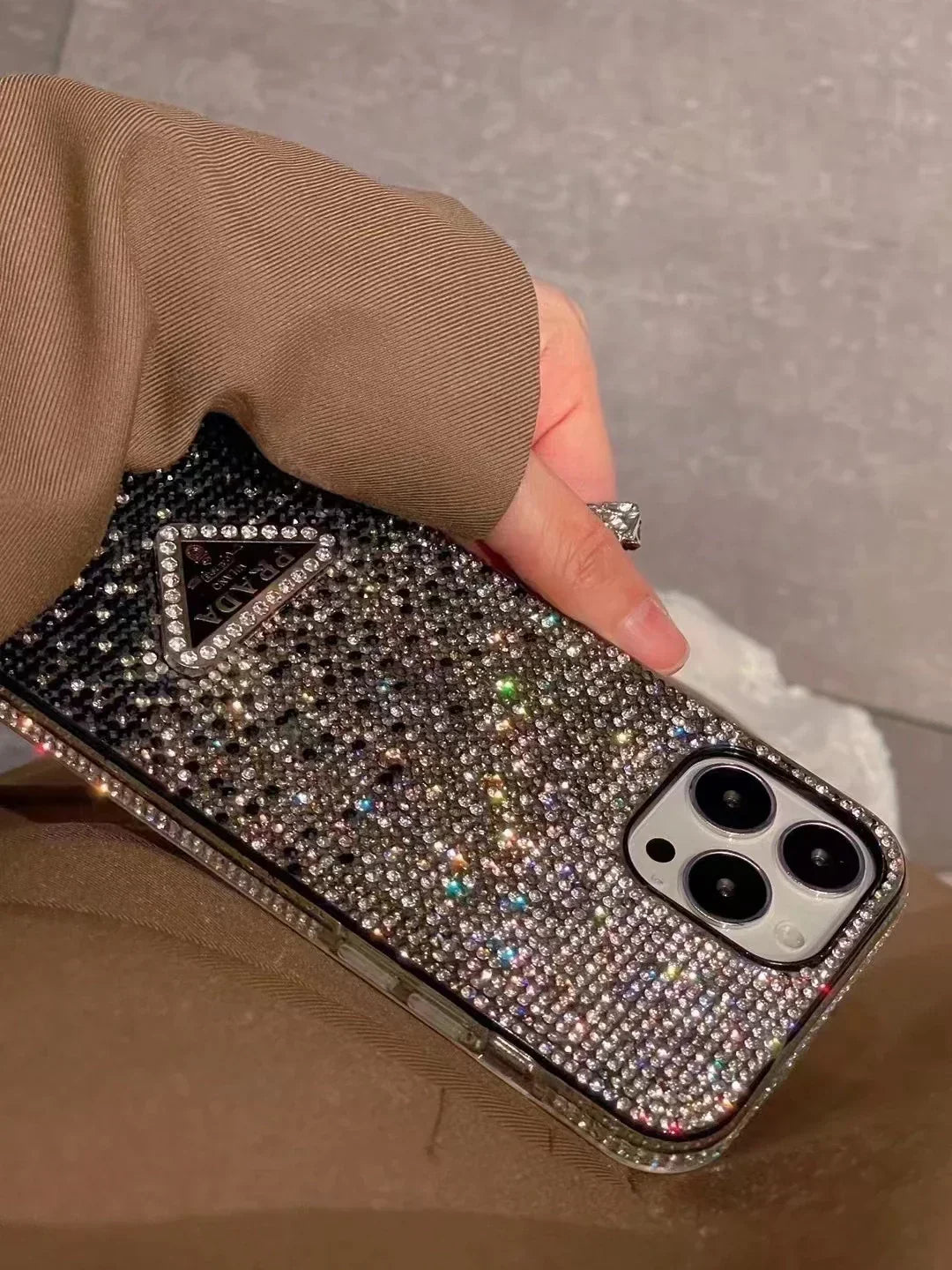 Crystal Prada iPhone 18 Pro Case – Luxury Rhinestone Prada Phone Case Blue