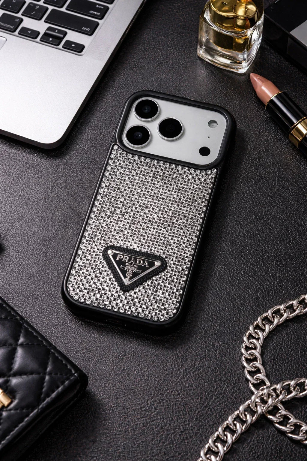 Crystal Gray Prada iPhone 18 Pro Max Case – Quilted Luxury Rhinestone Designer-Style Cover