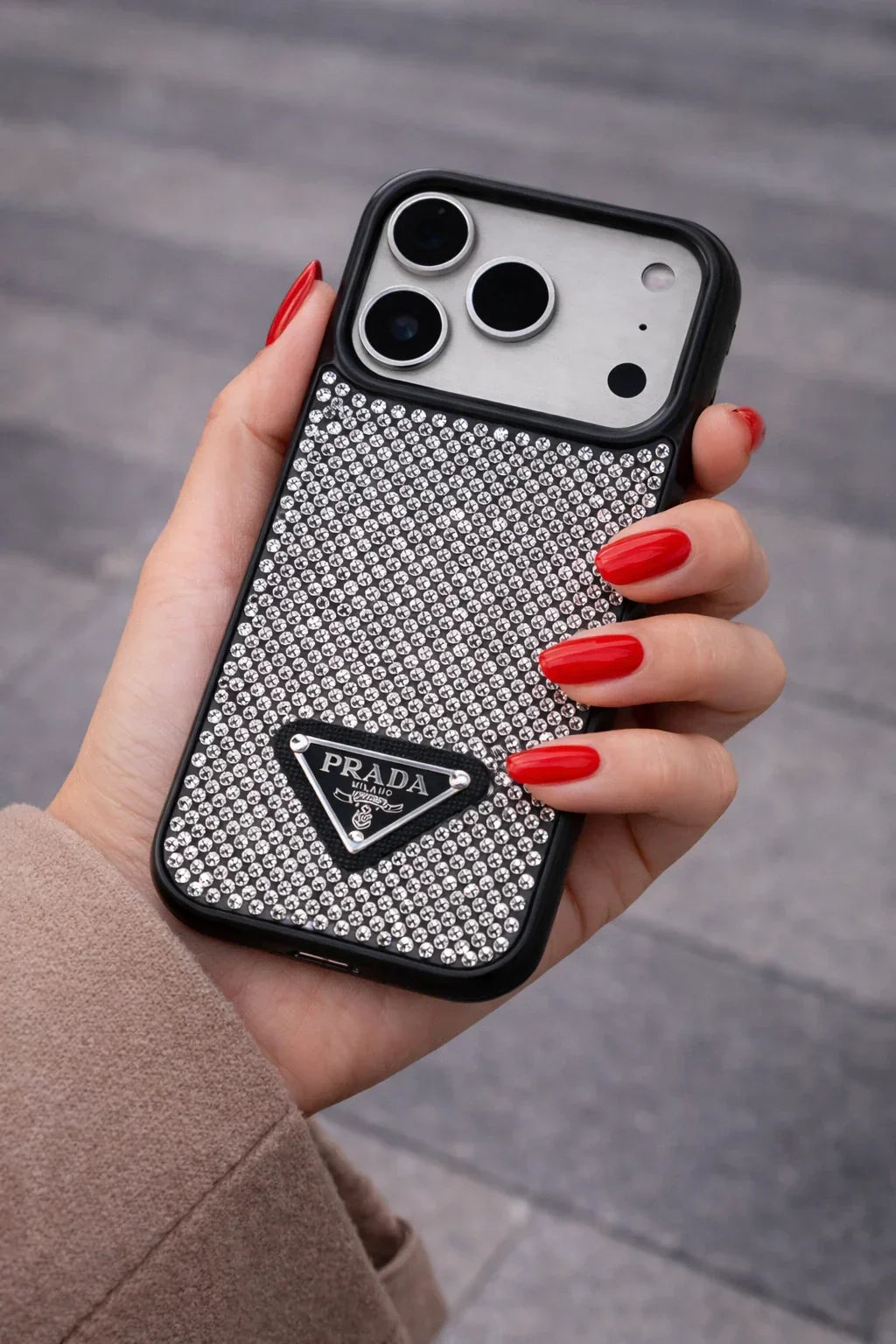 Crystal Gray Prada iPhone 18 Pro Max Case – Quilted Luxury Rhinestone Designer-Style Cover
