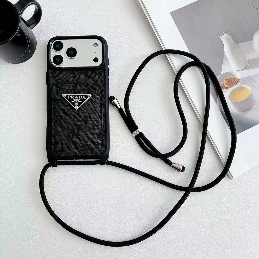 Prada iPhone 18 Pro Case with Strap & Card Holder – Luxury Designer Crossbody Phone Case