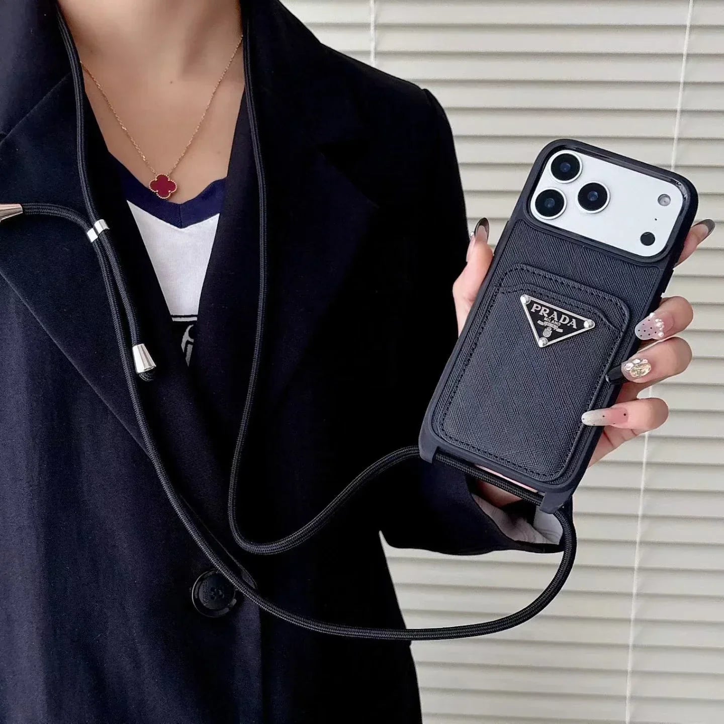 Prada iPhone 18 Pro Case with Strap & Card Holder – Luxury Designer Crossbody Phone Case