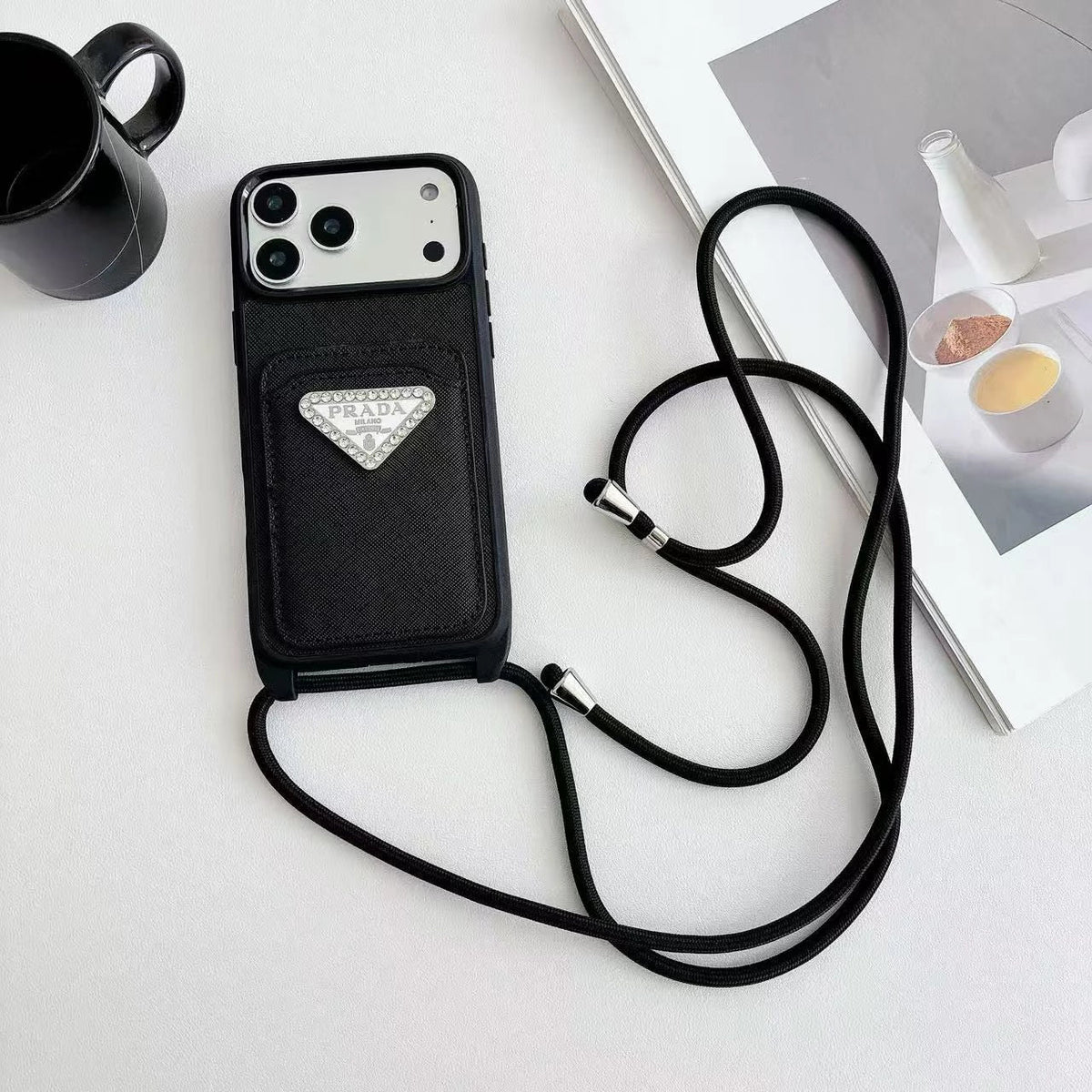 Prada iPhone 18 Pro Case with Strap & Card Holder – Luxury Designer Crossbody Phone Case