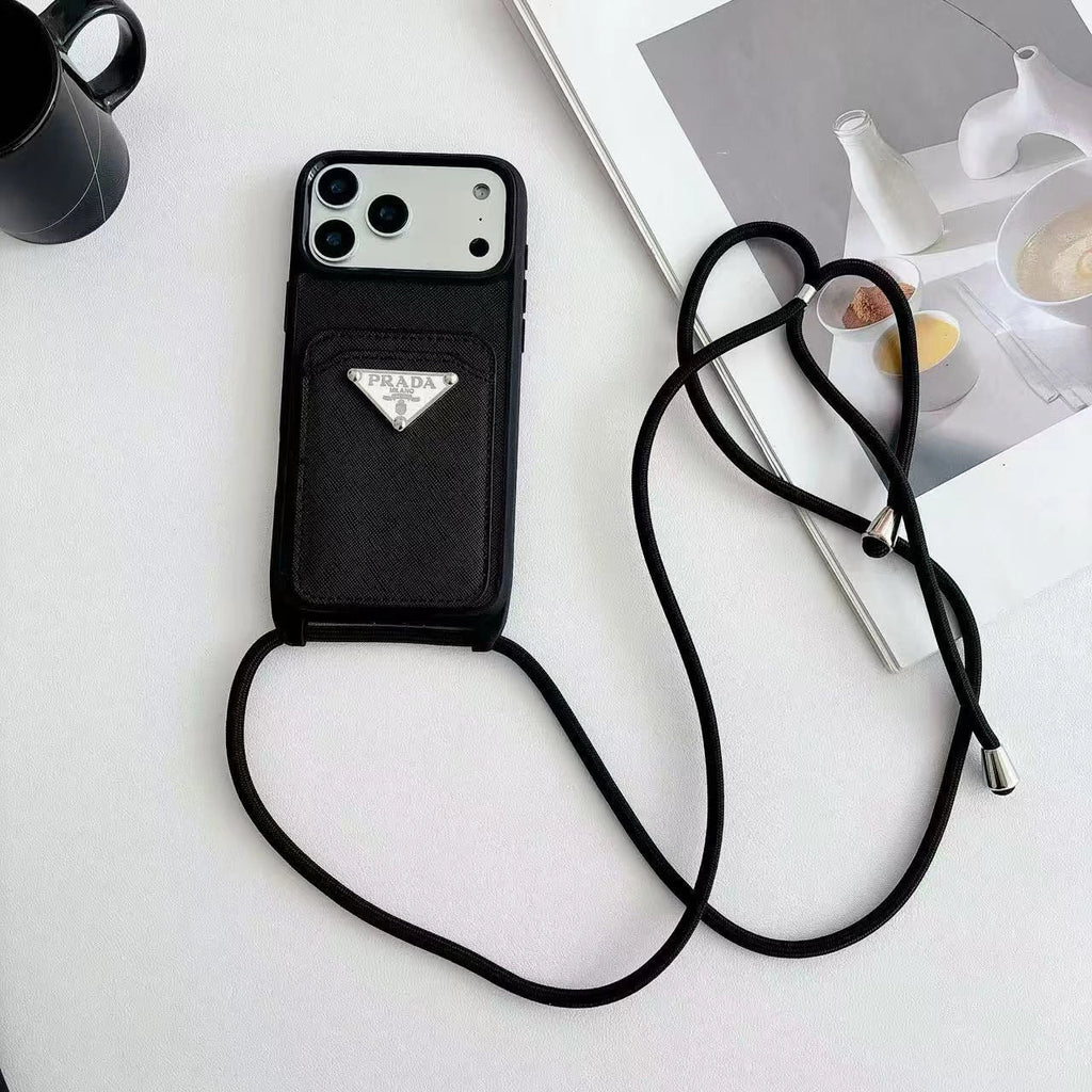 Prada iPhone 18 Pro Case with Strap & Card Holder – Luxury Designer Crossbody Phone Case