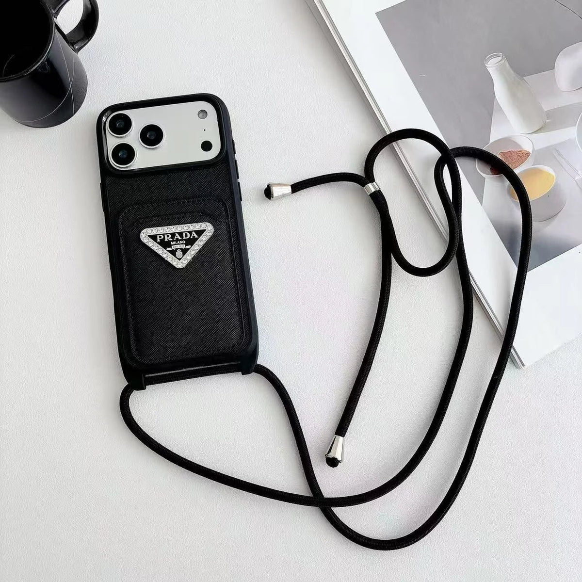 Prada iPhone 18 Pro Case with Strap & Card Holder – Luxury Designer Crossbody Phone Case
