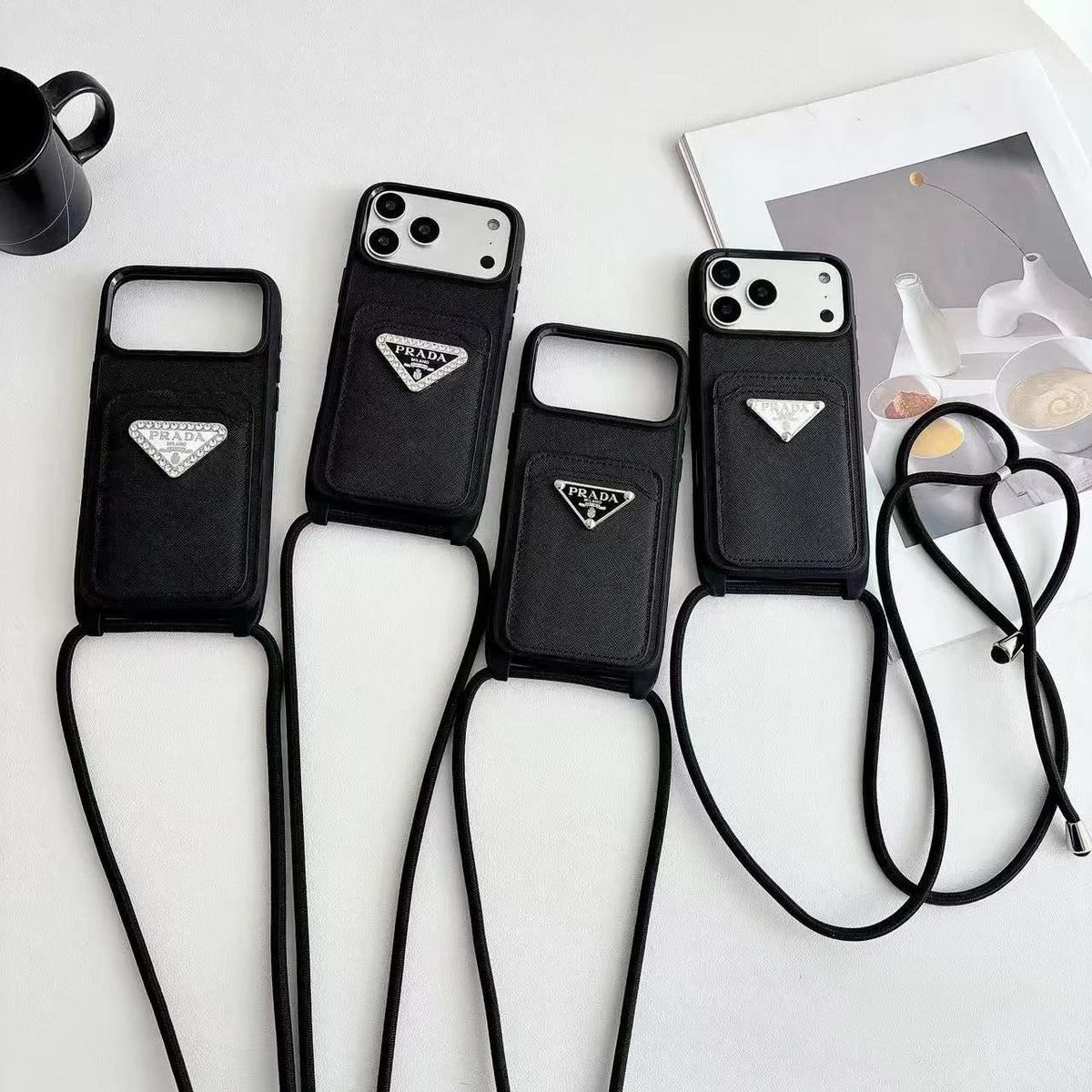 Prada iPhone 18 Pro Case with Strap & Card Holder – Luxury Designer Crossbody Phone Case