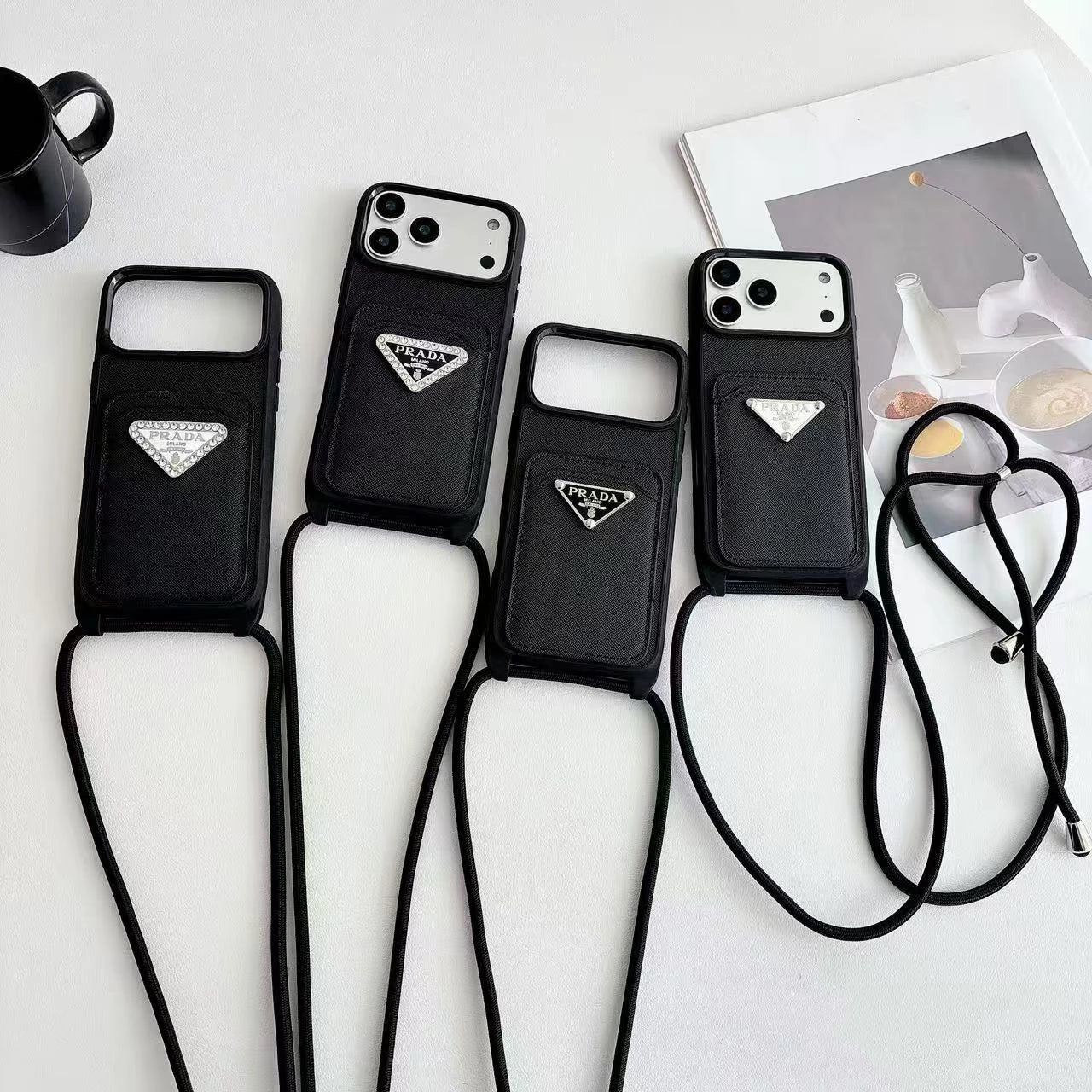 Prada iPhone 18 Pro Case with Strap & Card Holder – Luxury Designer Crossbody Phone Case